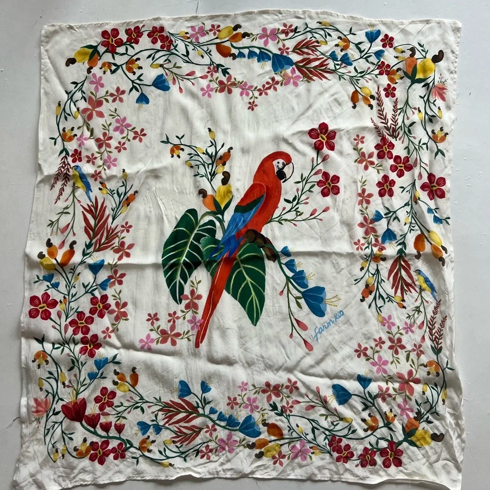 FARM Rio White Parrot Floral Silk Scarf with Red, Blue, Green Accents